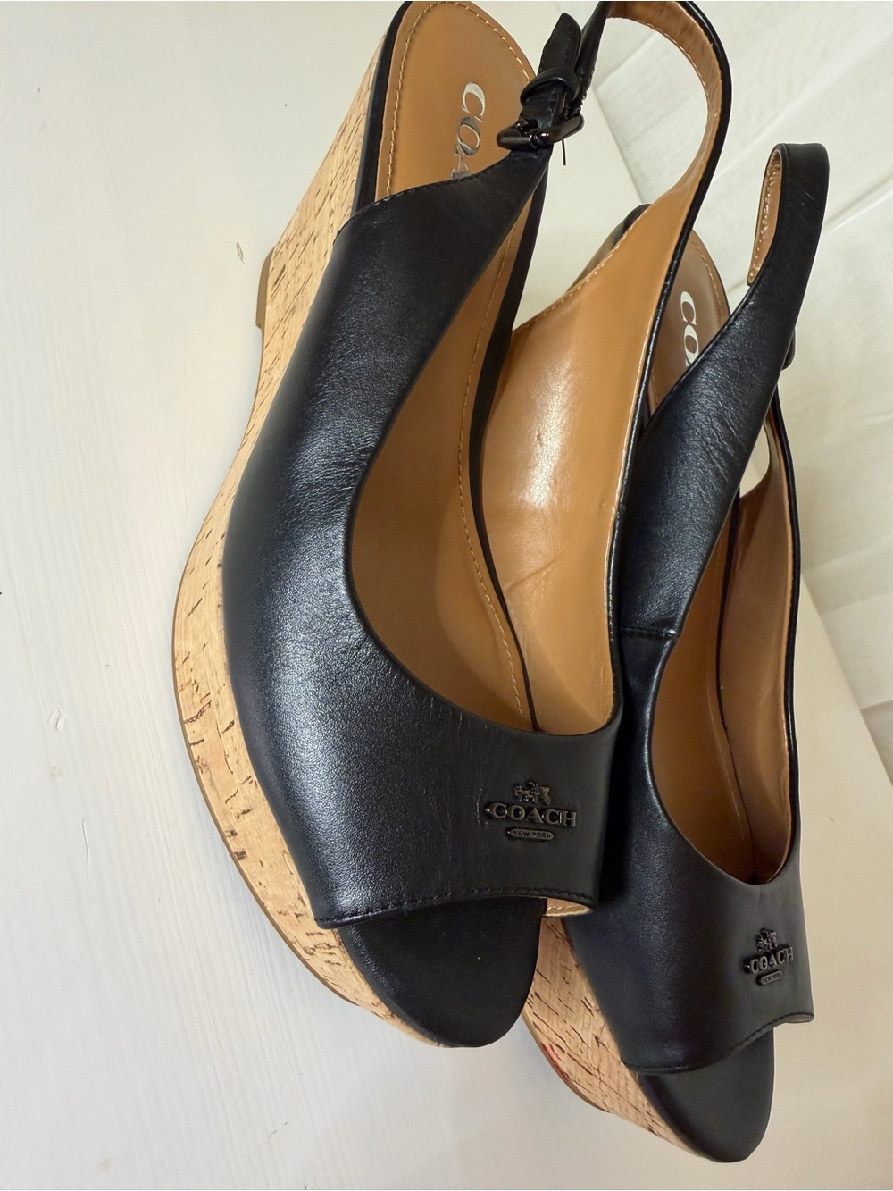 COACH Black Leather Cork Wedge Slingback Sandals